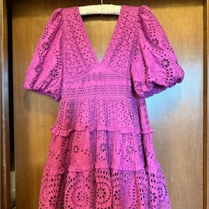 Cynthia Rowley Fuchsia Eyelet Puff-Sleeve Mini Dress